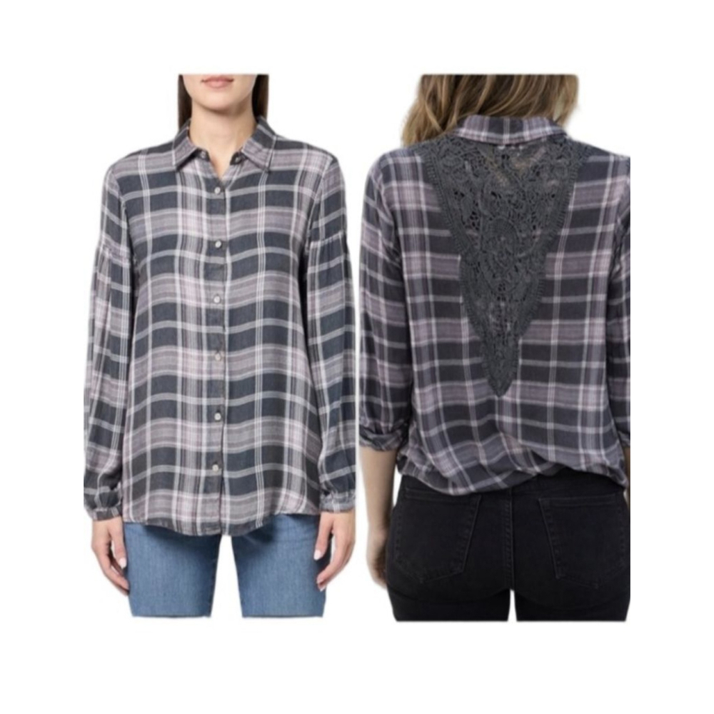 ANGIE Plaid Button Down Shirt boho Lace Back Gray Pink 3X streetwear grunge